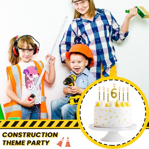 Threlaco 13 Pcs Construction Themed Birthday Candles Set, 12 Yellow and Black Striped Candle and 1 Number Candle Cake Topper for Construction Party Decoration Baby Shower Party Supplies (Number 6)