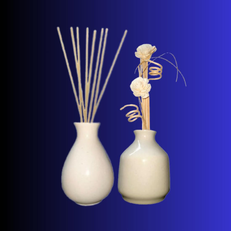 Zamfony Two Ceramic Diffuser Set with 10 Natural Reed Sticks and 6 Flower Stick for Home Decor Products (Ivory)(Note:Oil not Included)