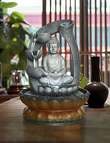 Sitting Buddha Fountain 11", LED Indoor Table Waterfall Fountain Fengshui Meditation Relaxing Decor for Home Office Gray