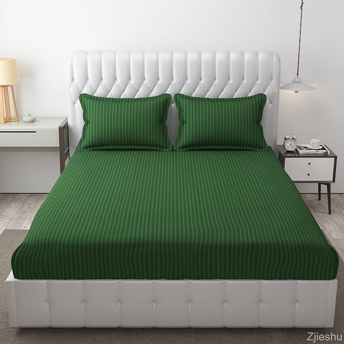 DECOR2ADMIRE 300 TC Glace Cotton All Round Elastic Fitted Plain Stripe Queen Size Bedsheet with 2 Pillow Covers 90 x 100 Inches or 60" x 78" Fits Upto 8 Inch Mattress (Dark Green)