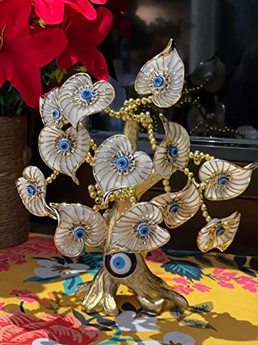 Blue Beads Golden Betel Leaves With Evil Eye Lucky Tree, Turkish Blue Evil Eyes Amulet Metal Table Centerpiece Ornament For Home Office Decor Protection Gift