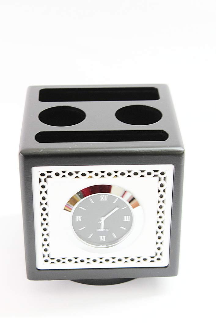 Laps of Luxury® Plastic and Glass Black Colour Revolving Table Clock Mobile and Pen Holder