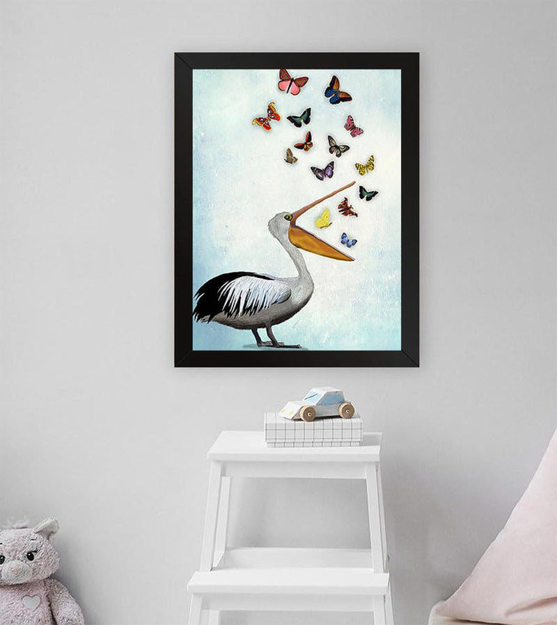 GADGETS WRAP Printed Photo Frame Matte Painting for Home Office Studio Living Room Decoration (11x17inch Black Framed) - Pelican And Butterflies