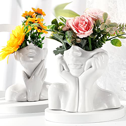 3 Pcs Ceramic Face Vase Female Form Vase Modern Body Vase Decorative Head Vase Head Half Body Bust Vases Face Flower Vases for Decor Centerpiece Home Bedroom Room Table Shelf Office (White, Large)