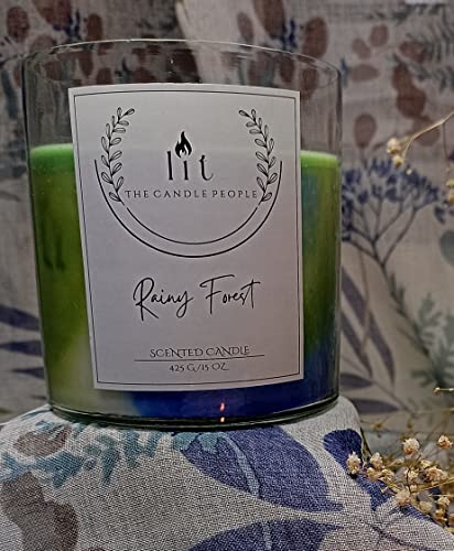 LIT the candle people - Rainy Forest Hand Poured Soy Wax 3 Wick jar Candle,425 Grams, a Mini Glass Bottle with a Striker and Match Sticks