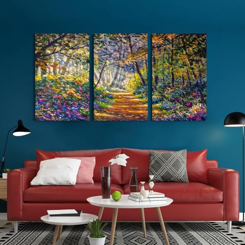 GADGETS WRAP Canvas Gallery Wrap Framed for Home Office Studio Living Room Decoration (3Part, 14x27inch Each) - Multicolour Forest Oil Painting 1