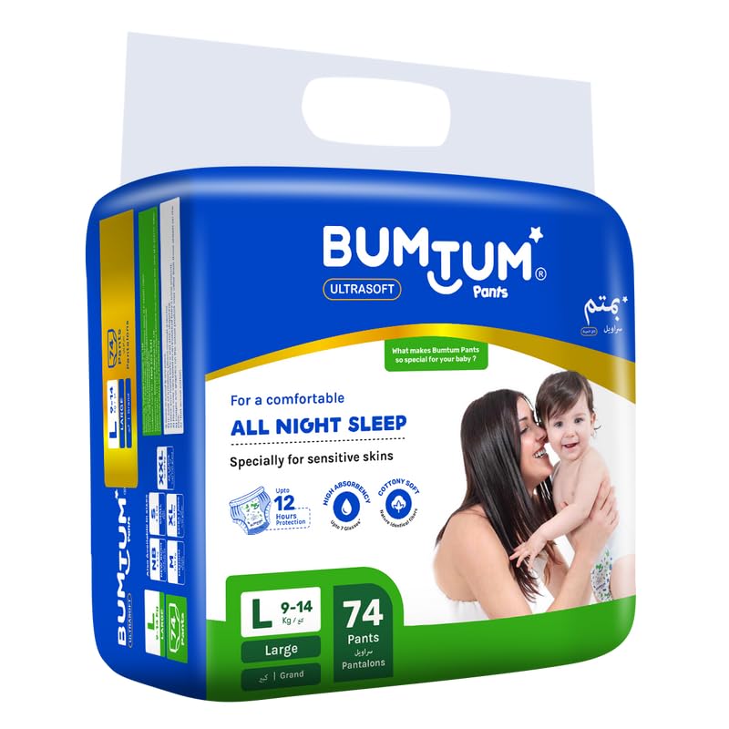 Bumtum Baby Diaper Pants, Large/l Size, 74 Count, Double Layer Leakage Protection Infused With Aloe Vera, Cottony Soft High Absorb Technology