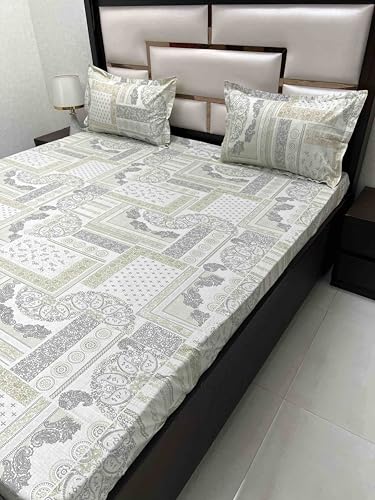 Pure Decor 100% Pure Cotton Velar Collection Super King Size Twill Fabric Bedsheet for Double Bed (108"X120") with 2 Pillow Covers PD 4397 - Ethnic, Green