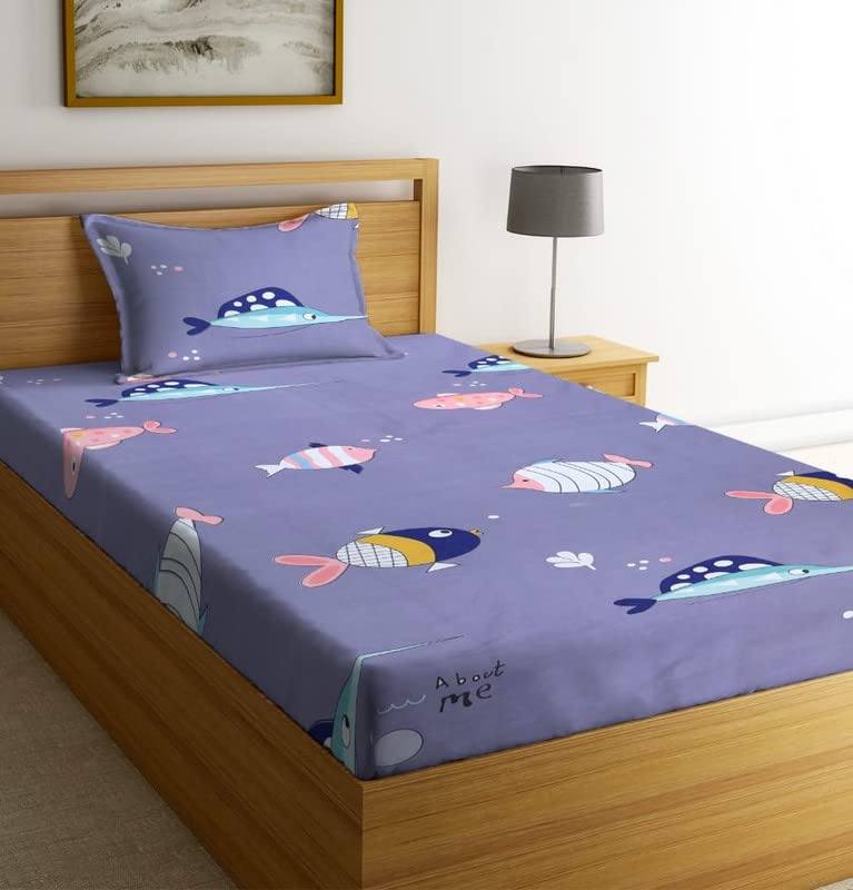 NHD HOME Super Soft Breathable Skin Friendly 180 Tc Animal Design Printed for Kids Room Single Bedsheet with 1 Pillow Cover-(Color- Navy Blue, 152 x 228 cm)