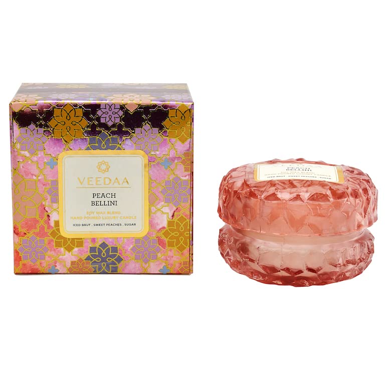 VEEDAA Peach Bellini Crystal Glass Soy Scented Candle (Burns 15 Hours)