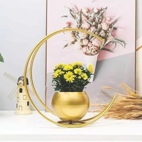 AMAZING ANTIQUE Metal Geometric Design Flower Vase with Gold Finish | Table Decorative Round Shape Flower Pot Moon Flower Vase | Size: 22X22 CM | Pack of 1 | Flower Not Included