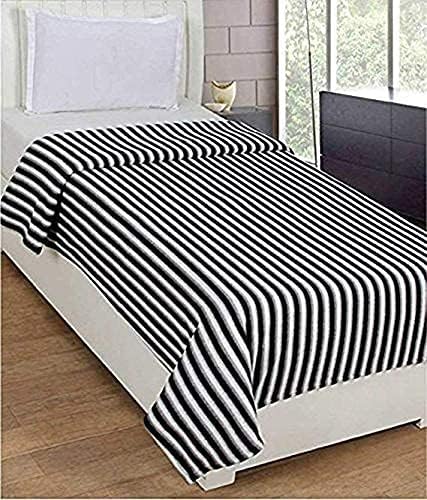 Home Stylish 300 TC All Season Light Weight Black and White Striped Polyester Bed AC Fleece Double Bed Blanket 90 inch X 90 inch Blanket for Donation Pack of 1