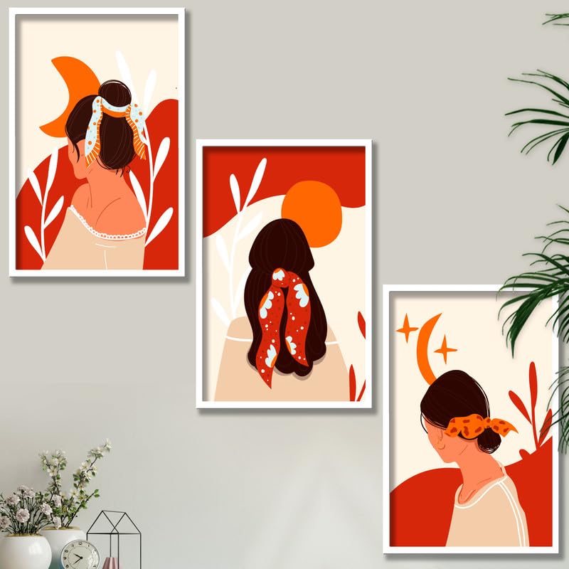 SAF paintings Set of 3 Abstract ladies Boho modern art design Premium white Framed Bohemian wall painting for for Wall, Home and Living Room Decoration 80 cms x 34.29 cms COMBO-2043-K3