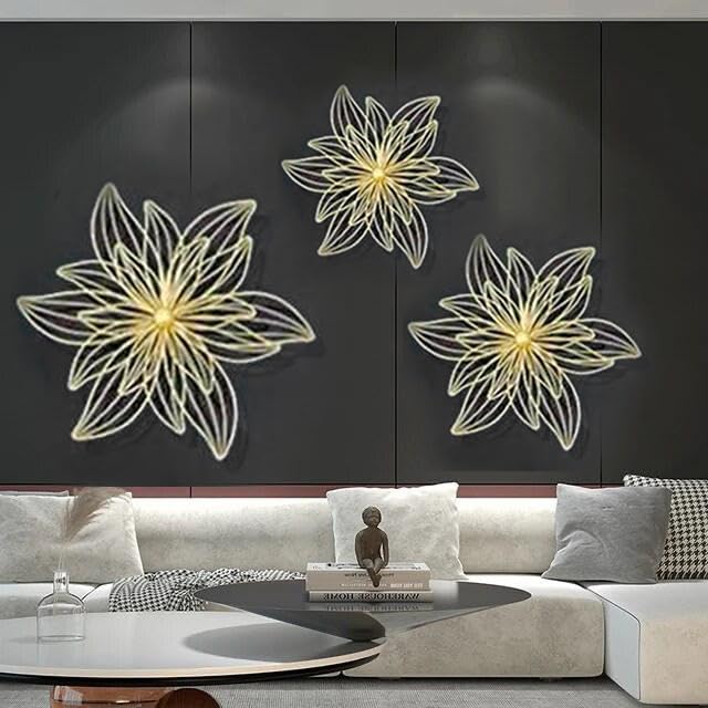 ZOVE Metal Set of 3 Pieces Golden Flowers Wall Art Hanging Perfect For Home, Hotel, Restaurant, Living Room Decoration (24 x 24 Inch)(Golden)