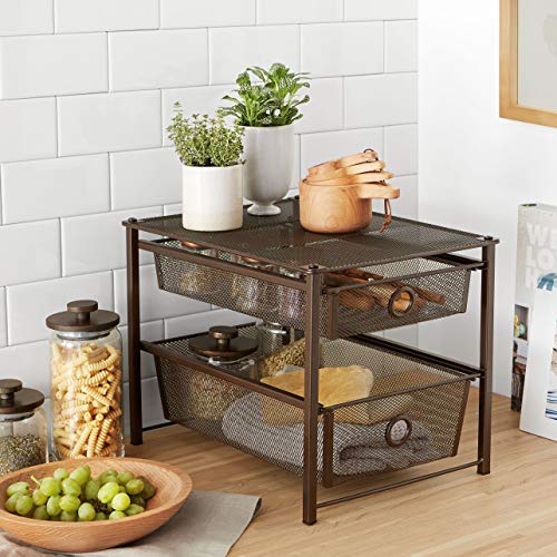 amazon basics Sliding Drawers Stainless Steel Basket Storage Organizer (Bronze) 2-Tier, Tiered Shelf, 40.79 Centimeters, 30.61 Centimeters, 29.21 Centimeters