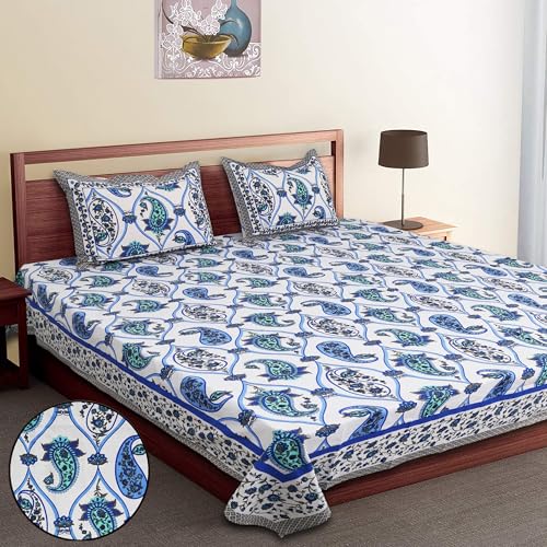 MADAM RUMANA 100% Cotton Bedsheets for Single Bed || Legant Jaipuri Bedsheet with 2 Pillow Cover || Size 70x100 Pillows 18 x 28 Inches (Blue)