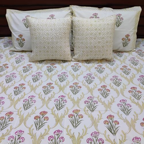 House of Harman I 350 TC 100% Pure Organic Cotton Bedsheet with 2 Matching Pillow Covers I Hand Block Printed I Natural Vegetable Dyes (Golden Dreams Bedsheet) (King- 90 * 108 inches)