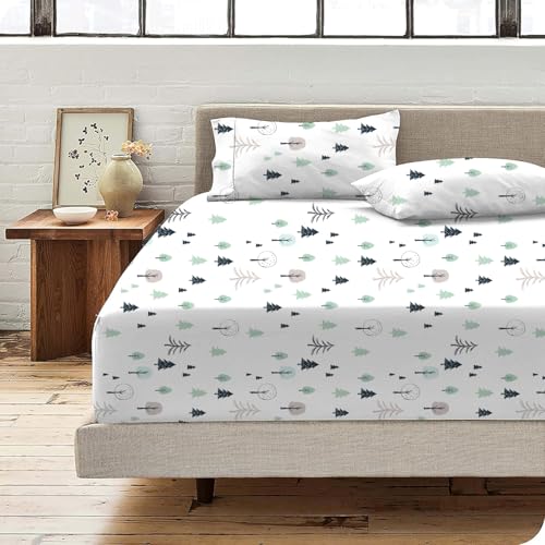 Bedsheet for King Bed, King Bedsheet Cotton, Fitted Bed Sheet Set with 2 Pillow Covers, King Bedsheet, 144 TC 100% Microfiber (Elastic Fitted Sheet 78x84:Winter Forest)