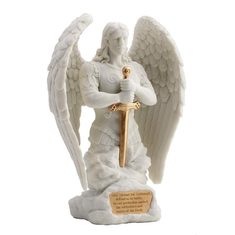 Veronese Design 9.1 Inch Saint Michael Prayer Archangel Monument Marble White Golden Finish Angel Statue