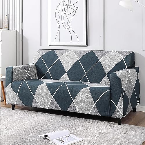 Furshine Blue Rhoumbus Sofa Cover One 3 Seater and Two 1 Seater Fully Covered Universal 5 Seater for Living Room Non-Slip Sticky Elastic Stretchable Couch Sofa Set Slipcover Protector