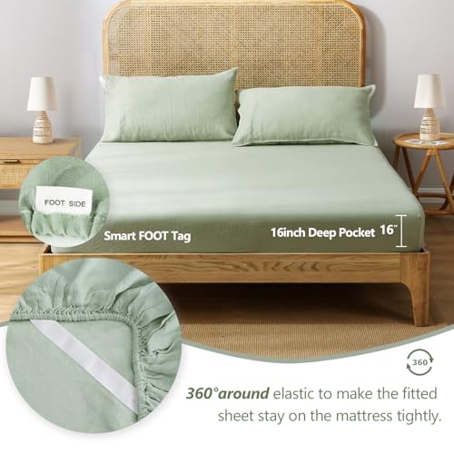 Victory Symbol 100% French Natural Linen Bedding Ultra Soft Stone Washed 4 Piecces Sheets Set(Light Green,Queen)