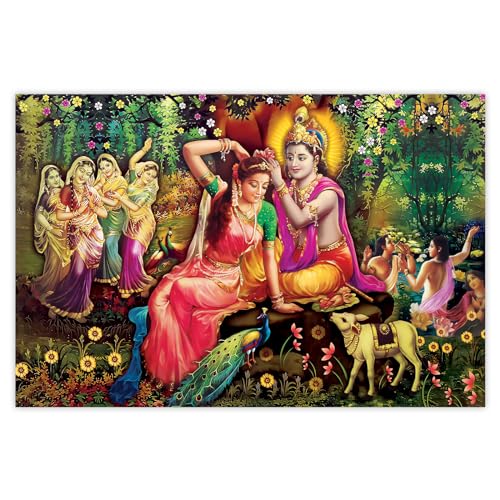 Indianara Rolled Sparkled Lord Radha Krishna Art Print for Room Décor Digital Reprint 36 inch x 24 inch Painting (10641PST)