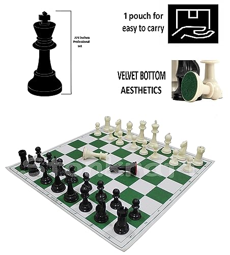 StonKraft 17'' x 17'' Tournament Chess Vinyl Foldable Chess Game With Solid Plastic Pieces (With TWO EXTRA QUEENS + Vinly Pouch) - For Professional Chess Players - Green