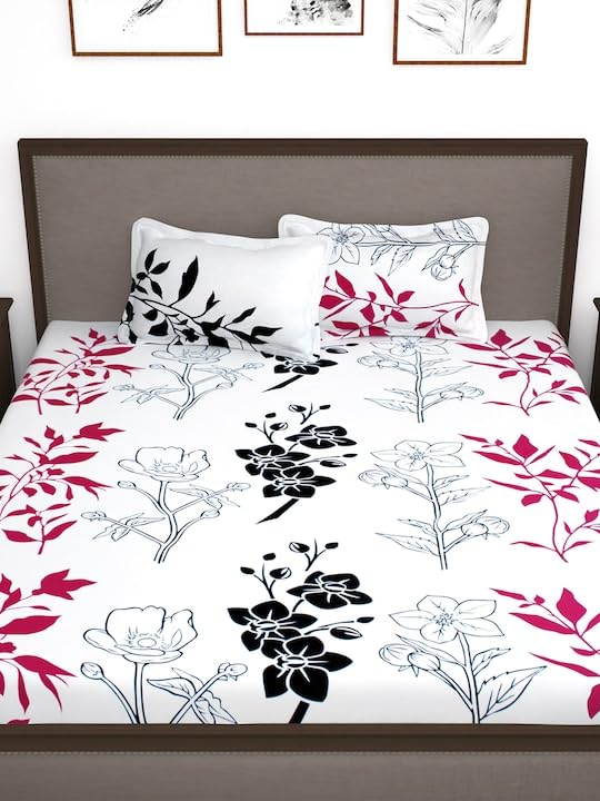 ULOM 220 TC Elastic Fitted Double King Size Bed Cotton Bedsheets with 2 Pillow Covers - King Size 78" x 72" Lruxurious Bedding Set for Ultimate Comfort and Style (Floral Print)