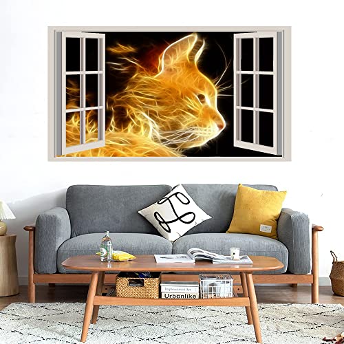 GADGETS WRAP Printed Wall Decal Sticker Fake Window Style Decal (90cm x 50cm) - Flames Cat