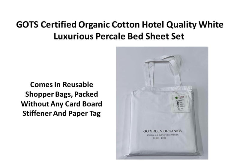 GO GREEN ORGANICS Organic Cotton Crisp Percale Bed Sheet Set - Luxury Hotel Quality - GOTS Certified - White - Deep Pocket - Easy Care - King