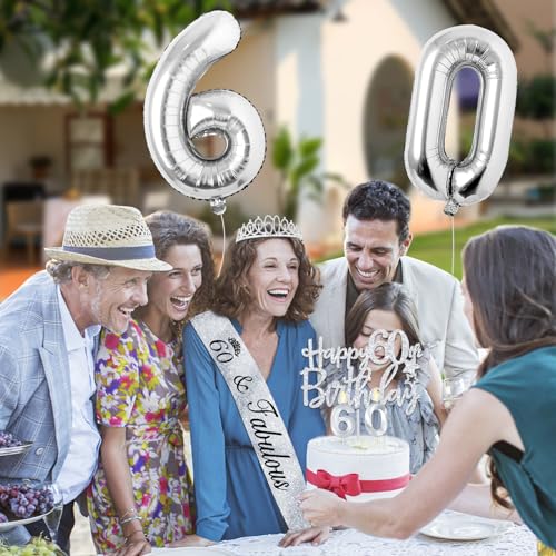 60th Birthday Decorations Women Include Silver 60th Birthday Tiara and Sash, Silver 60th Birthday Candles and Cake Topper, Silver 60th Birthday Balloons for 60th Birthday Gifts Women