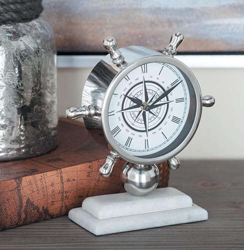 Deco 79 43508 Stainless Steel and Marble Ships Wheel Table Clock, 8" x 9", Silver/White