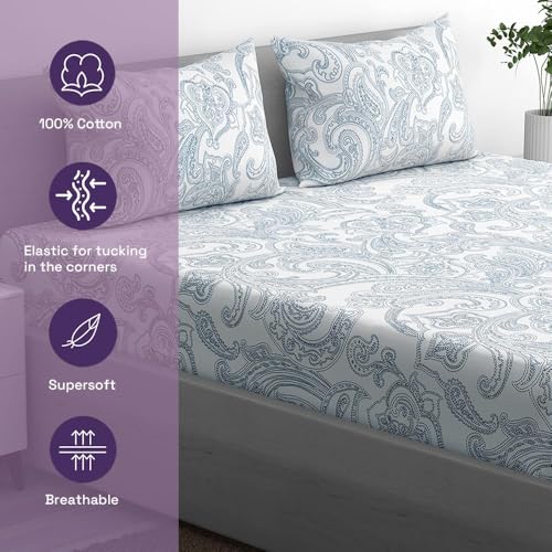 100% Cotton 152 TC Fitted Bedsheet with 1 Pillow Cover | Paisley Single, 72" x 30", Paisley| 1.83m x 76cm