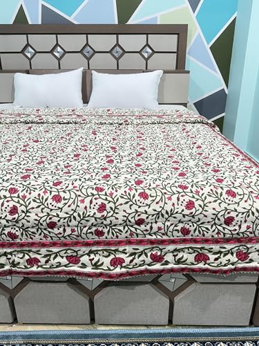 WORLDNEX 400 TC Pure Cotton Double Bed Soft Jaipuri AC Quilt/Razai/Rajai Floral Print,Jaipuri razai Double Bed for Winter Printed White, Pink (85 x 100 inch, Double Bed)