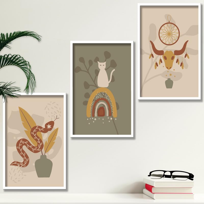 SAF paintings Set of 3 Abstract Boho modern art design Premium white Framed Bohemian wall painting for for Wall, Home and Living Room Decoration 80 cms x 34.29 cms COMBO-2033-K3