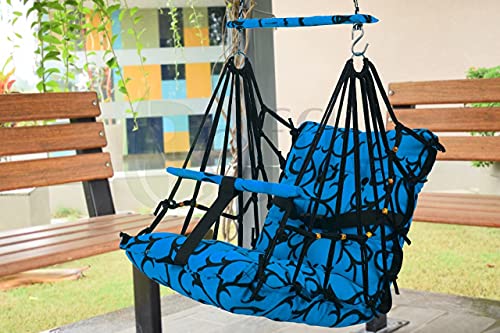 BOFFLE® Cotton Swing Chair for Kids Baby's Children Folding and Washable 1-6 Years with Safety Belt/Home,Garden Jhula for Babies|Swing for Kids | Seat and Back Side 16x16 inch (Blue,1 Seater)