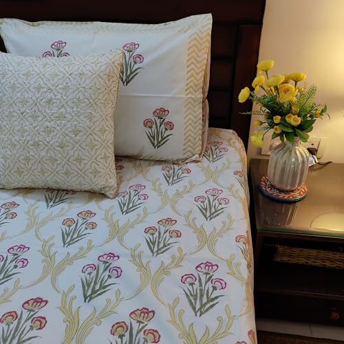 House of Harman I 350 TC 100% Pure Organic Cotton Bedsheet with 2 Matching Pillow Covers I Hand Block Printed I Natural Vegetable Dyes (Golden Dreams Bedsheet) (King- 90 * 108 inches)