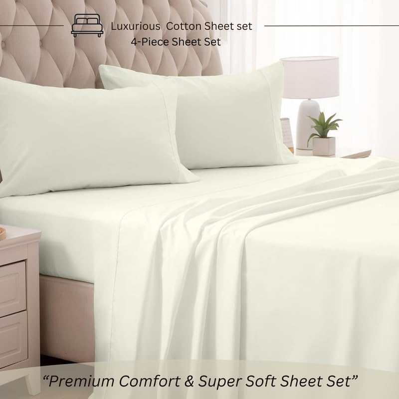 4 Piece Premium Sheet Set Cotton Queen, 100% Egyptian Cotton, 400 Thread Count, 15 Inch Deep Pocket of Cotton Sheets, Ivory Solid