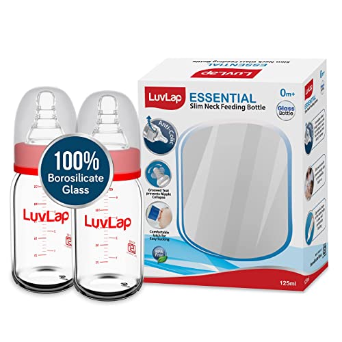 LuvLap Essential Slim Neck Glass Feeding Bottle, 125ml, 0m+/Babies Upto 3 Years, Made of Borosilicate Glass, BPA Free, Ergonomic Shape is Easy to Hold, with Anti Colic Nipple, Pack of 2, White & Red