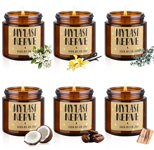 Threlaco 6 Pcs Scented Candles Gifts for Women Men Funny My Last Nerve Candle Jar for Mom Rustic Oh Look It's on Fire Soy Wax Candle Gag Gift Candle for Teacher Friend Sister Birthday Gifts, 6 Scents