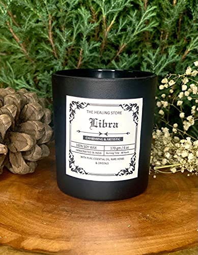 The Healing Store Libra Zodiac Candle | Soy Wax | 170gms | with Rare Herbs, Crystals & Essential Oils | Burning Hours 40-45