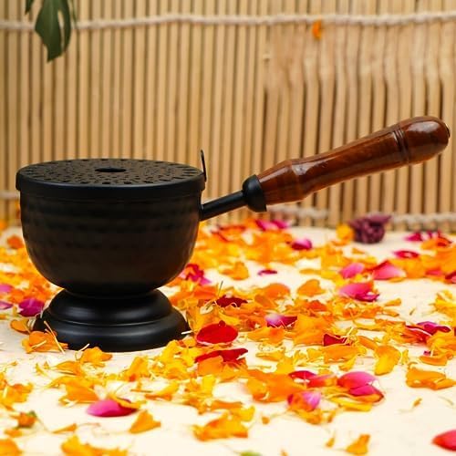 ServDharm Hammered Base Incense Burner Home Purifying Loban Dhoop Dani Dhuni Diameter 3.5 in(Metal, Round, Black)