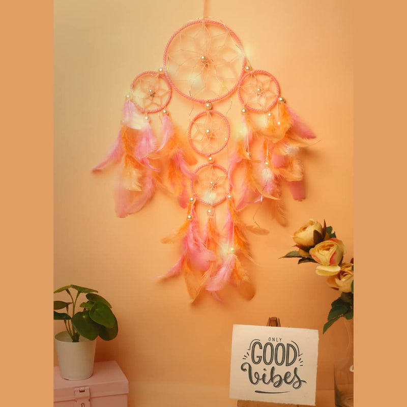 Rooh Dream Catcher ~ Pastel Peach and Pink 4 Tier with LED Lights ~ Handmade Hangings for Positivity (Can be Used as Home Décor Accents, Wall Feather Hangings,Meditation Room, Yoga Temple, Windchime)