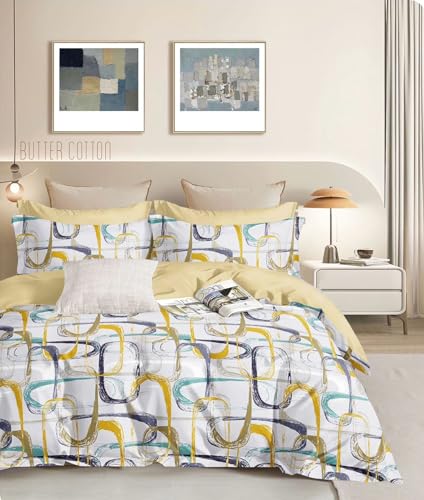 Harbell Home 300 TC Heavy Glace Cotton Bedsheet for Double Bed with 2 Pillow Covers | Breathable Printed Queen Size Bedsheet | Flat Sheet, 90x100 Inches, Design38