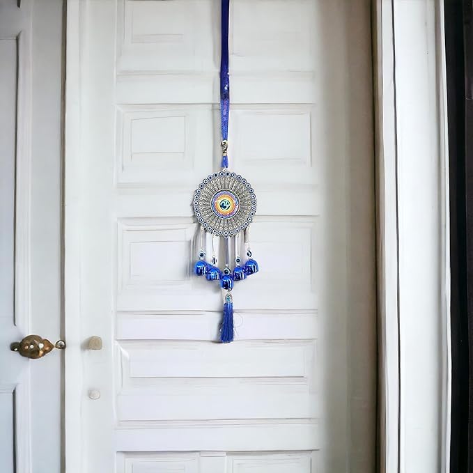 VEDAVIBES Om Wind Chime for Home & Office Main Door Entrance Wall Hanging for Positive Vibes & Removes Negative Energy Nazar Battu Evil Eye (34 cm Height) (Metal, Blue)