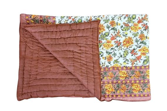 fashhub Jaipuri Lightweight Pure Cotton Traditional Rajasthani Print Quilt | Rajai/Razai | Garden Flower Beige and Pink | Single Bed Set of 2