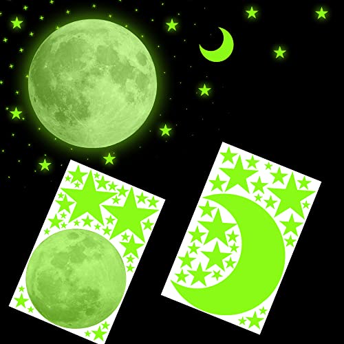 Ashamohar Glow in The Dark Stars for Ceiling Stickers Including The Glow Stars, Full Moon, Crescent Moon, Wall Decals Perfect for Kids Room Decor (Pack of 2)