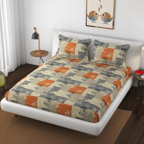 DELFRIK Premium Cotton 350 TC Elastic Fitted Bedsheets with 2 Pillow Covers | Double King Bed with All Around Elastic Wrinklefree Supersoft |Size-78 x72+10 inches | :- Orange Grey Leaf Box