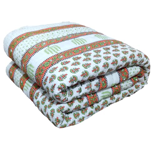 Gnudi Pure Cotton Jaipuri Razai/Rajai Traditional Sanganeri Print Double Bed Quilt Blanket (90x100 inch_Multi05)