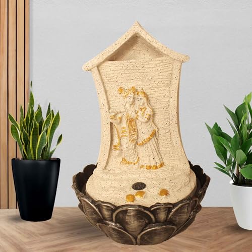 Art N Hub Lord Radha Krishna Home Decorative Water Fountain Best Home and Office Inauguration Gift Items | Built (27 x 27 x 41 CM | Dotted White Golden)